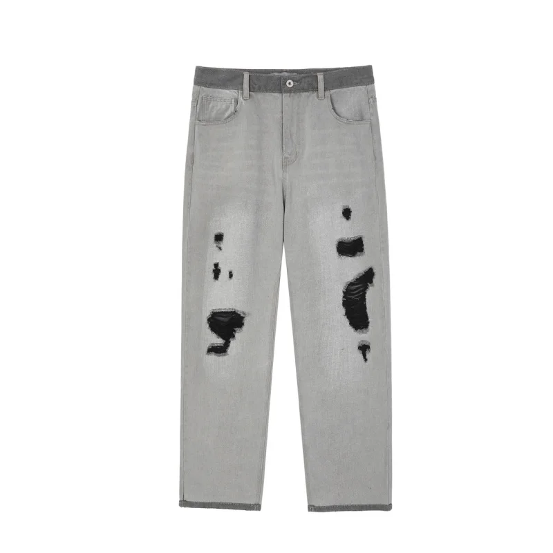 Men's Jeans Ripped Light Grey Front and Back Men and Women Clothing Hip Hop Y2k Pants Men Streetwear Brand High Quality Jeans