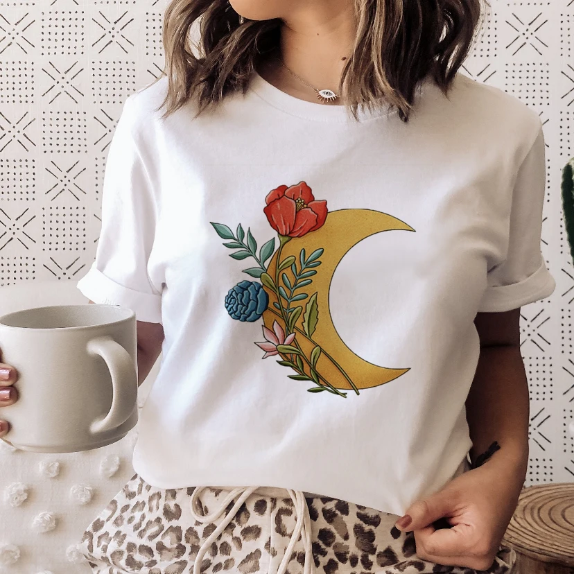 

T-shirts Short Sleeve Print Clothes Women Floral Moon Cute Cartoon Casual Fashion Graphic Tshirt Top O-neck Lady Female Tee