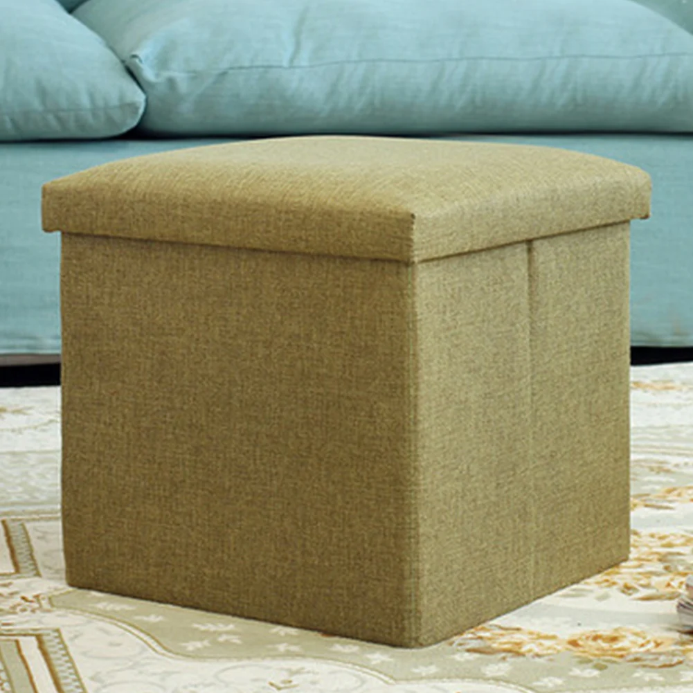 

Practical Folding Stool Seat Cube Shape Multifunctional Home Office Pouffe Foldable Storage Box Linen Simple