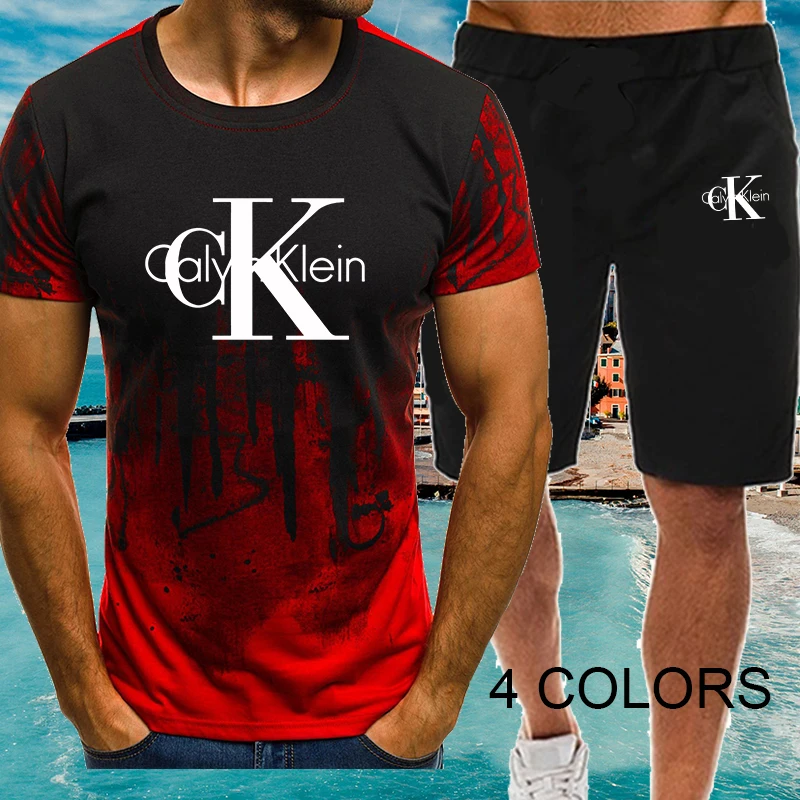 

Fashion Brand Men's Tshirt Set Summer Tracksuits Cotton Suit Ink Splash Style Pullover Crewneck Tops + Short Pants 4 Colors