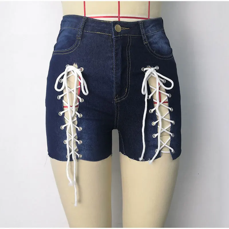 Sexy Lace-up Cutout Denim Shorts for Summer Women's High Waist Ripped Tassel Short Jeans Lace Lace Hot Pants High Waisted Jeans