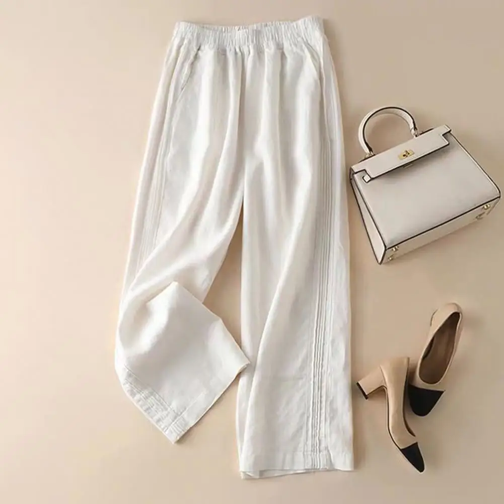 

Cotton Linen Vintage Elastic Waist High Waist Wide Leg Pants Woman Summer Casual Loose Straight Trousers Oversized Women Pants