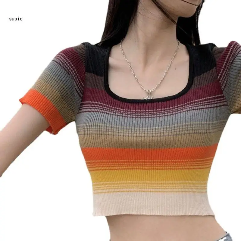

X7YA Slimming Fit Knitted T-Shirt for Women Fashionable Square Neck Striped Crop Tops