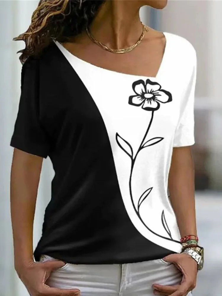 

Женская Асимметричная Свободная блузка с V-образным вырезом, повседневный пуловер с коротким рукавом, топы, модные черные/белые рубашки с пр...