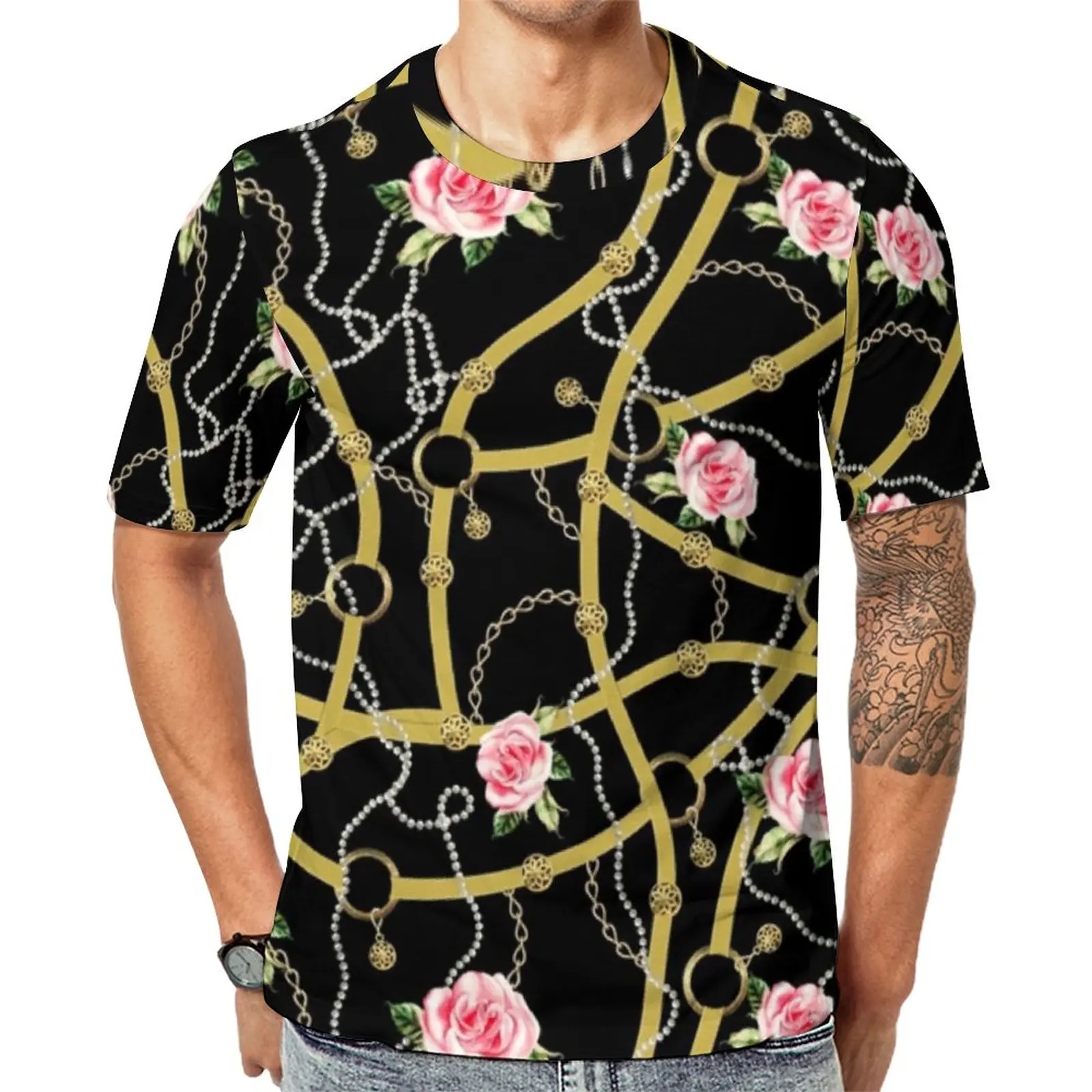 

Golden Chains T Shirt Couple Pink Roses Print Essential T-Shirts Beach Harajuku Tee Shirt Short-Sleeved Printed Plus Size Tops