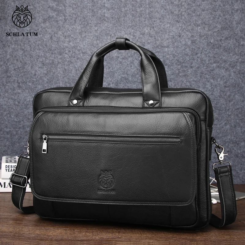 SCHLATUM Men Briefcases Genuine Leather Handbag 15.6 Inches Messenger Shoulder Bag for Documents Men's Bag Business Totes