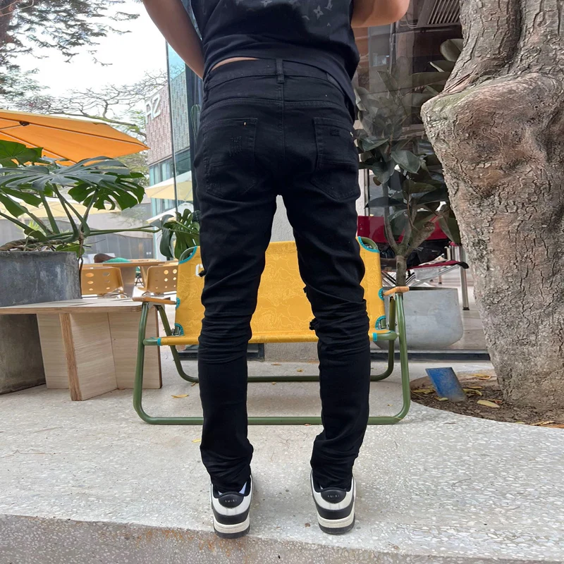 Street Fashion Men Jeans Buttons Fly Black Elastic Stretch Skinny Ripped Jeans Men Leather Patched Designer Hip Hop Brand Pants