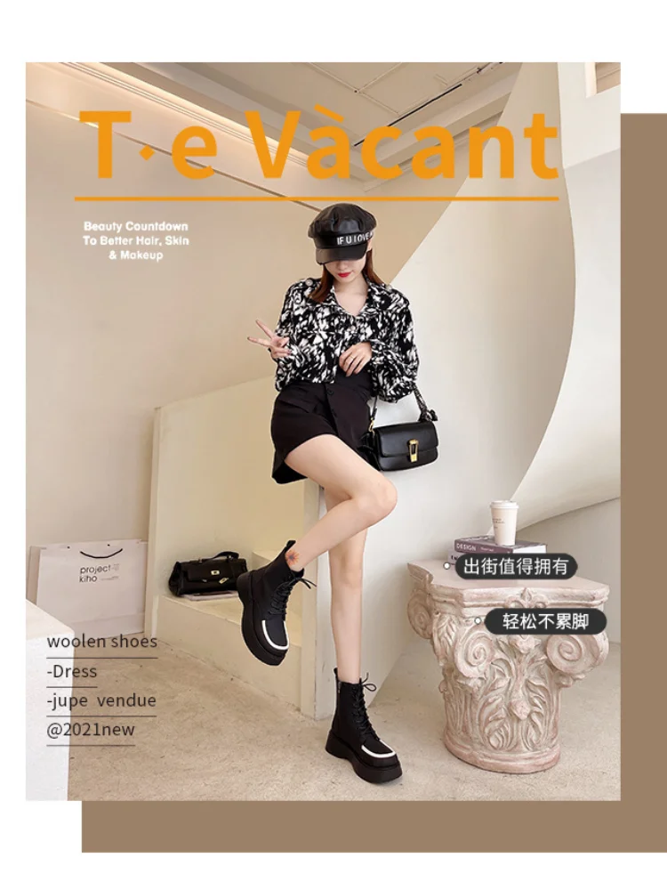 Women's Boots Thick-soled Short  Autumn New Lace-up  Shoes Single  Plus Velvet Soft-soled