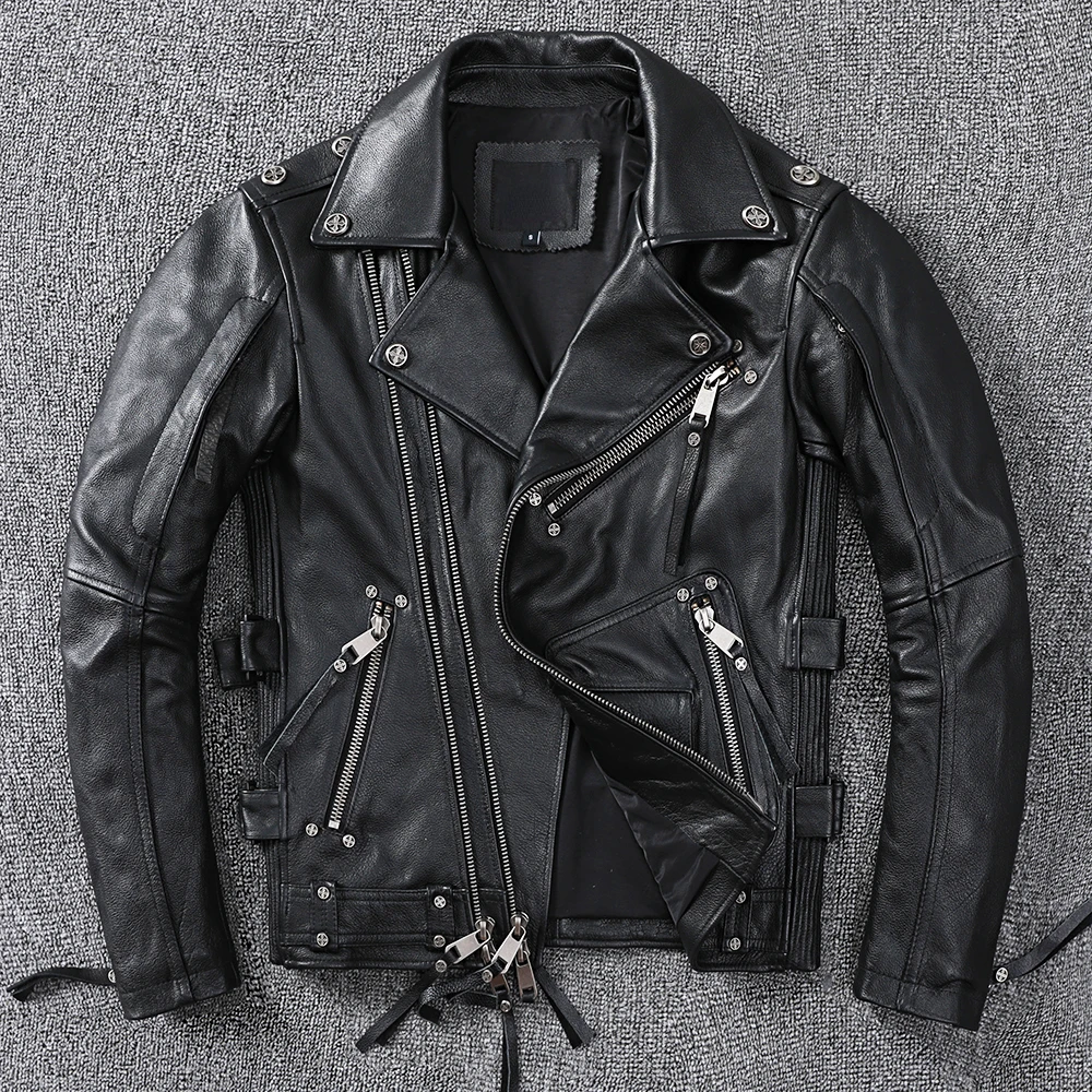 

Черная мотоциклетная кожаная мужская куртка из натуральной воловьей кожи, приталенный силуэт, винтажная коричневая Мужская Байкерская одежда, Размеры S ~ 9XL