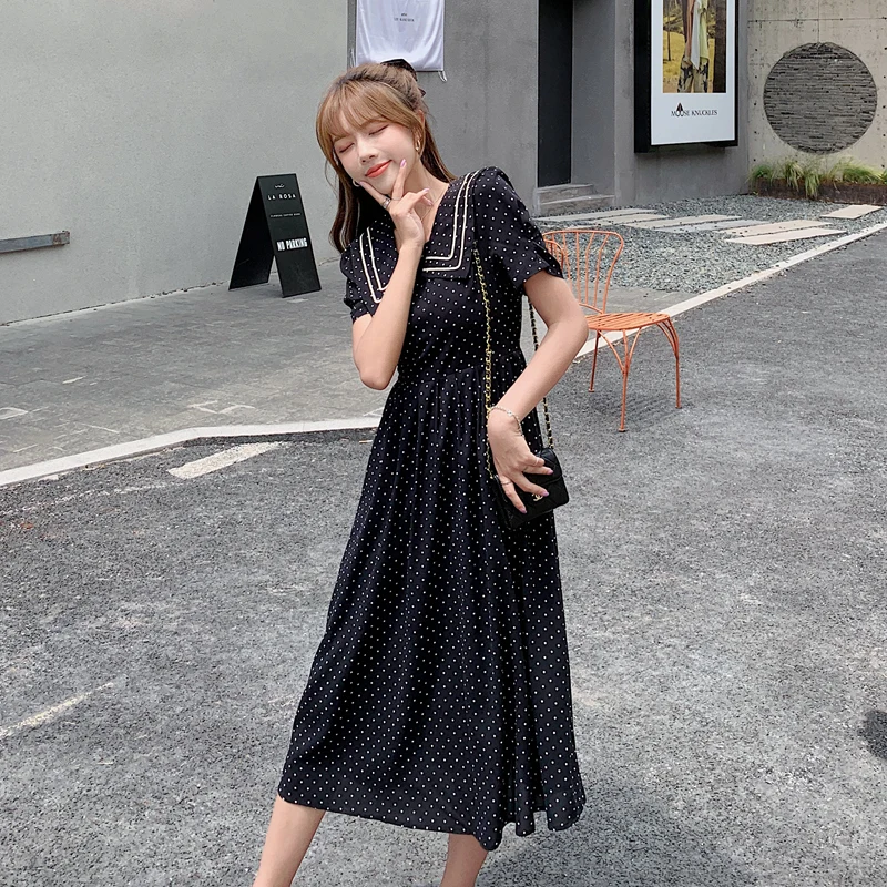 

Dress Women Summer 2022 French Style Polka Dot Short Sleeve Peter Pan Collar High Waist Black Long Dresses Dropshipping