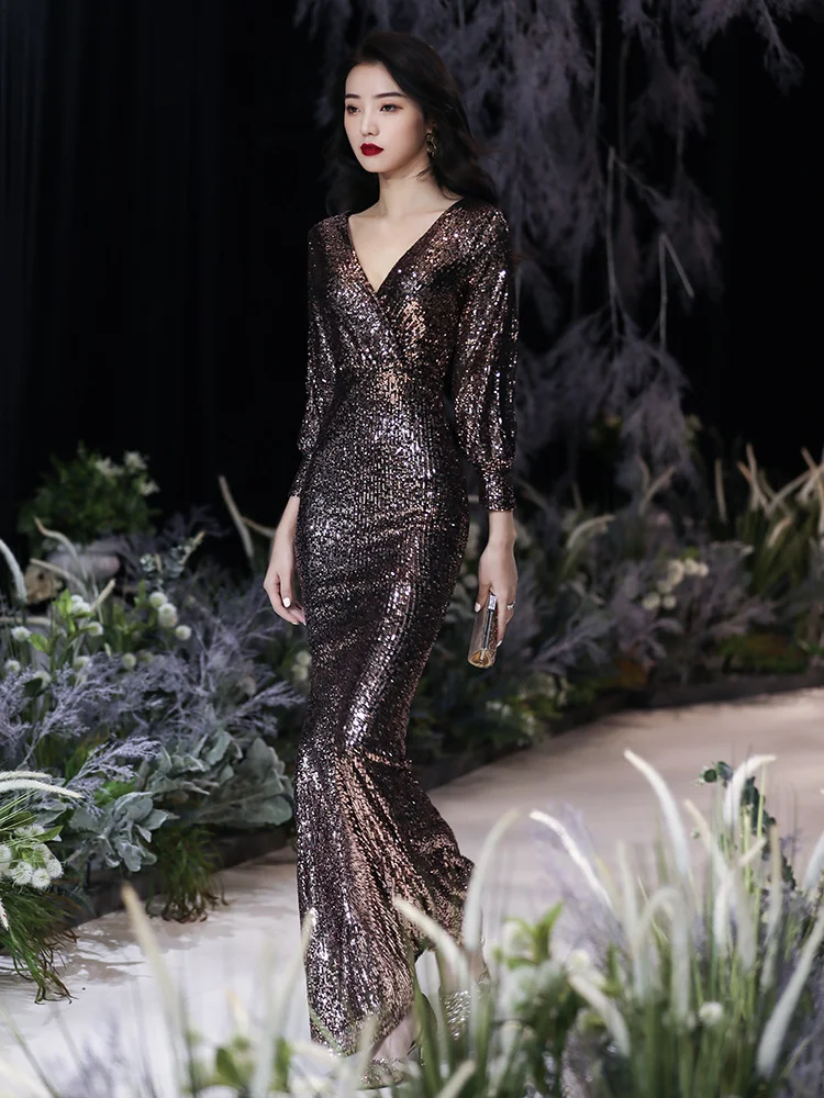 

Вечернее платье с пайетками для женщин, новинка 2023, облегающее длинное платье с длинным рукавом, приталенное платье-русалка, для хозяйки