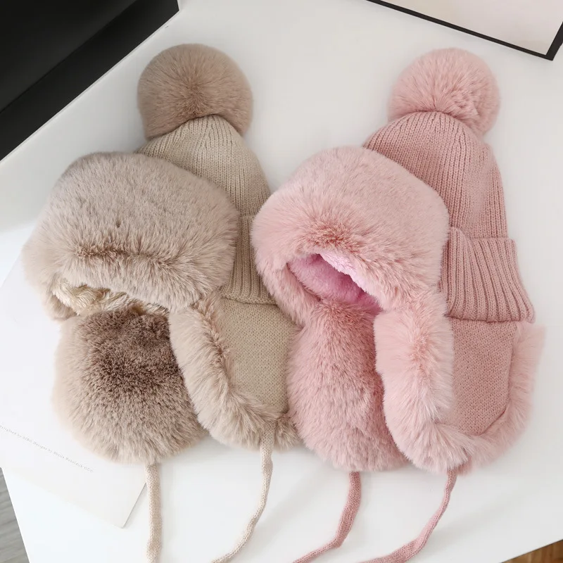 

Winter Cap Ski Cap Winter Thick Outdoor Earflap Warm Hat Wool Knitted Snow Ski Cap Fleece Bomber Trapper Hat Women Ushanka