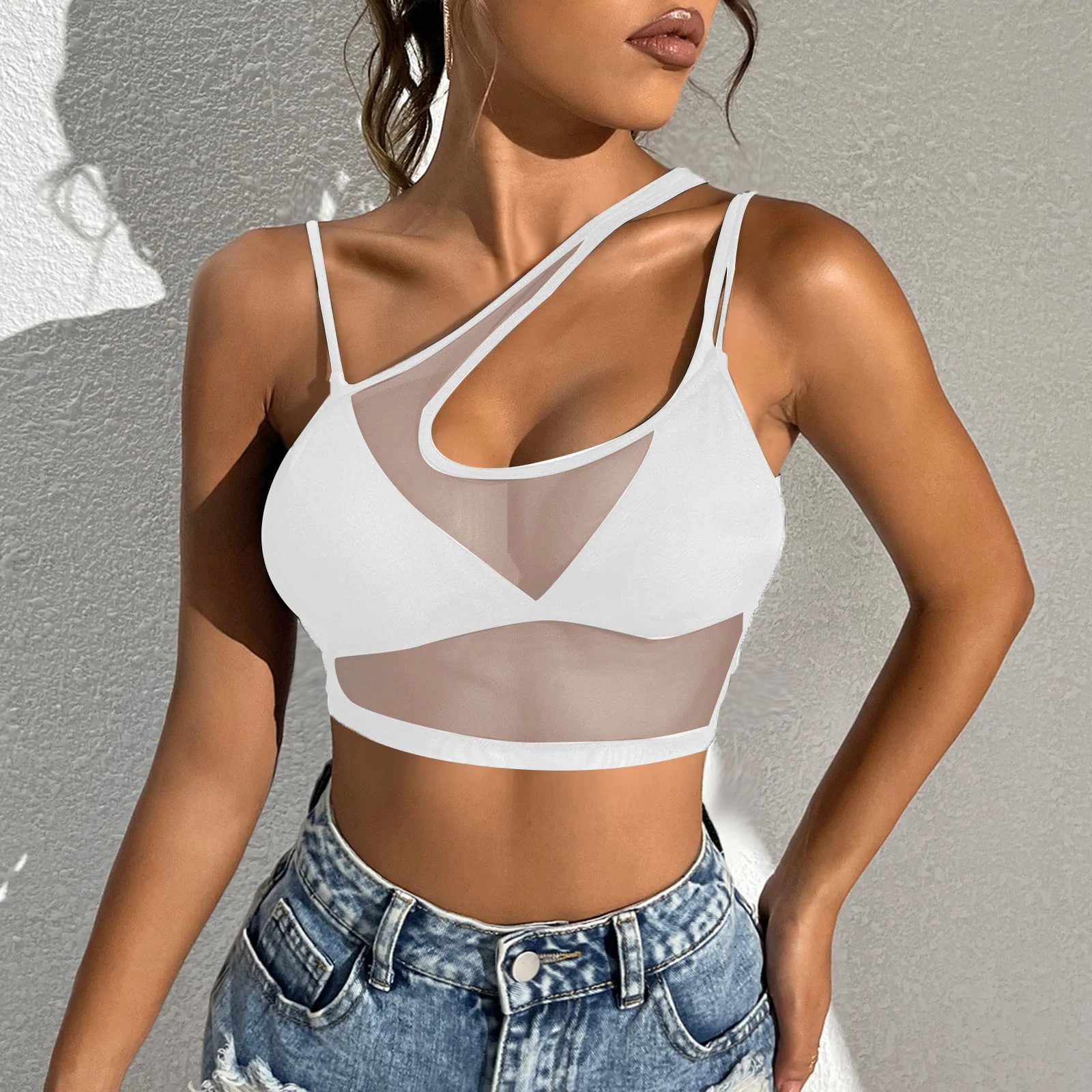 

Womens One Shoulder Crop Top Casual Wear Double Straps Solid Color Cover Up Top Female See Through Mesh Tanks Tops Sexy Lingerie