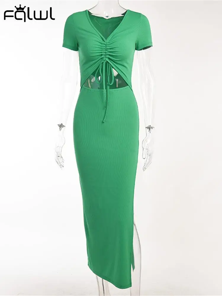 Летние платья макси из ребристой ткани для женщин FQLWL 2022 с вырезами на шнурках и разрезами, облегающее платье для вечеринок, черное/зеленое.