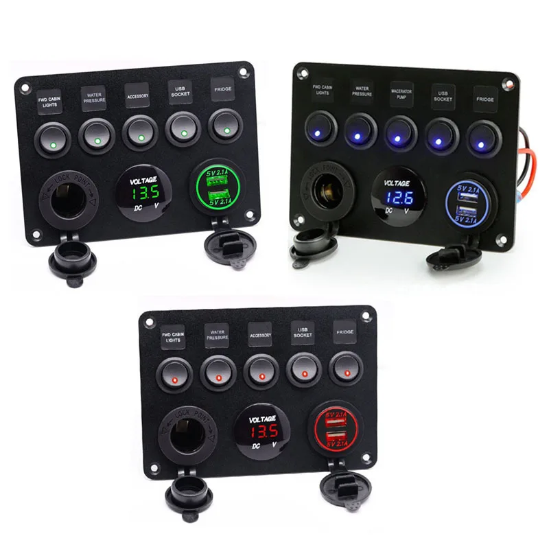 

12V/24V Car Boat Marine 2 USB & Voltmeter 15A Fuse Protection Rocker Control Panel 5 Gang Switch Control Panel LED Rocker