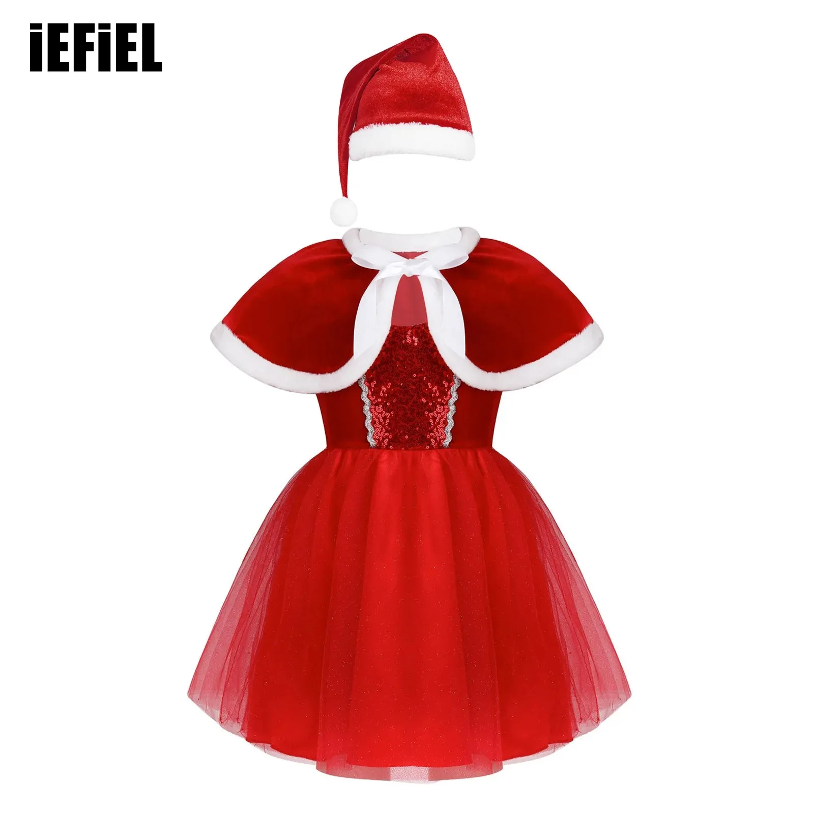

Kids Girls Christmas Set Adjustable Shoulder Straps Sequin Tutu Dress with Capelet And Hat for Holiday Festival Party
