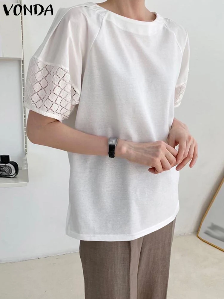 

Модные женские блузки VONDA 2023, однотонная туника с коротким рукавом в стиле пэчворк, летние рубашки с круглым вырезом, повседневные свободные женские блузы