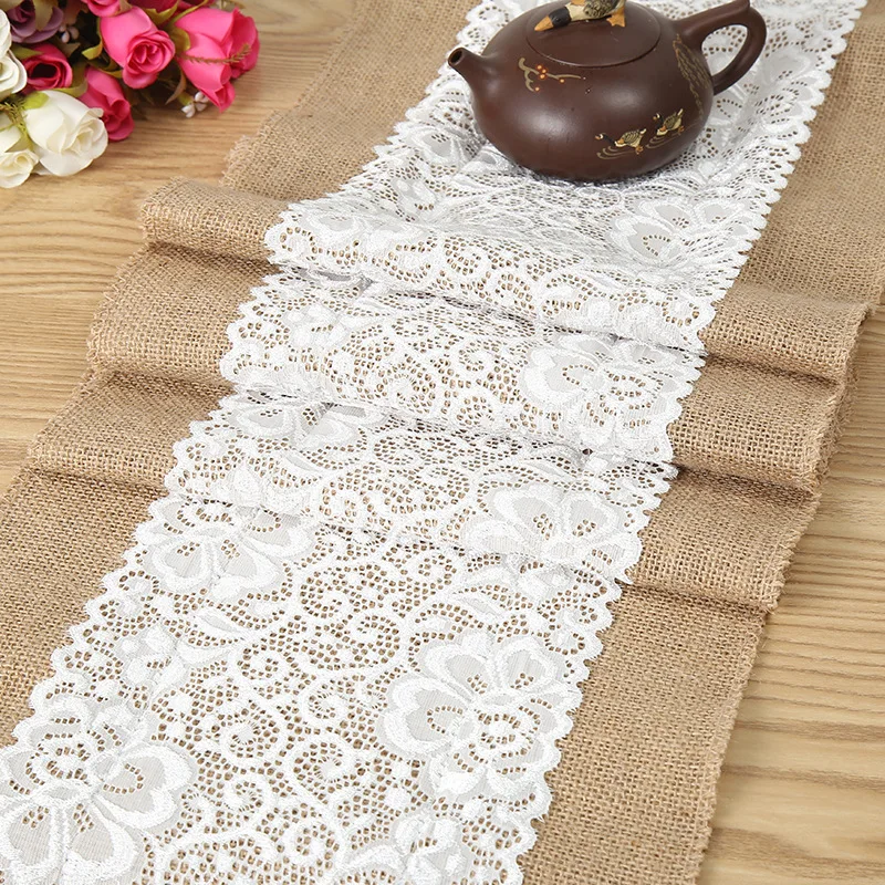 

30 X 220cm Rustic Wedding Holiday Party Tablecloth Home Decor Vintage Jute Burlap Table Runner White Lace Table Decoration