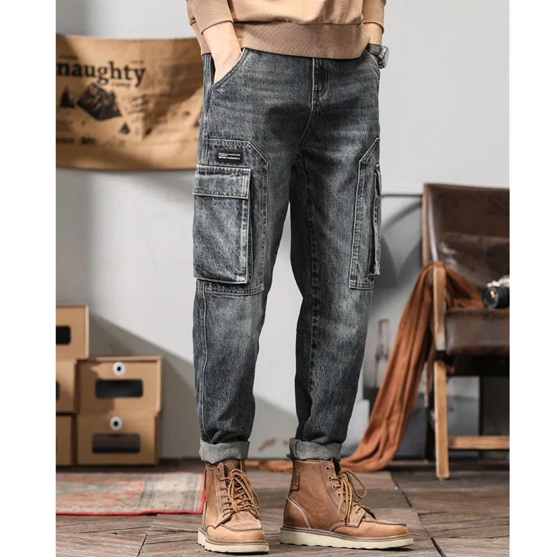 Streetwear Men 2022 New Pattern Vintage Recreational Bluish Grey Jeans Loose Straight Cylinder Broad Leg Trousers Autumn Female