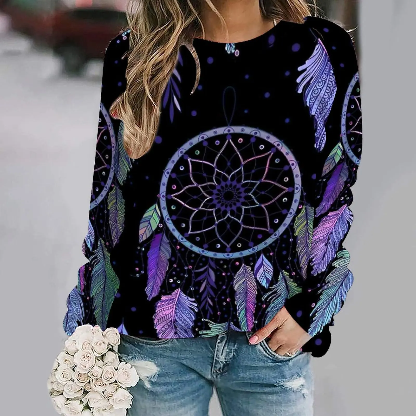 

Свитер реглан с цифровым принтом листьев и перьев, модный Воздухопроницаемый женский свитер с круглым вырезом, на весну и осень