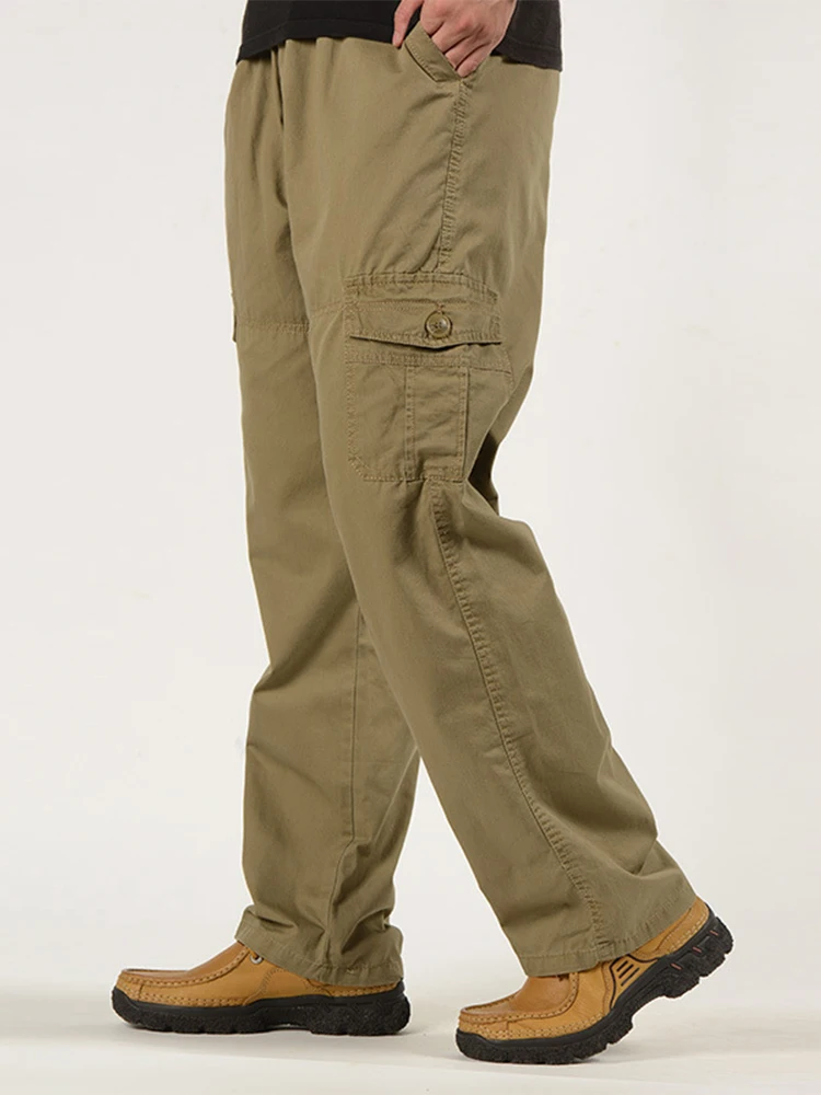 

Men Casual Long Pant Autumn Loose Buttoned Pockets Chino Pants For Men Fashion Mid Waist Solid Color Straight Trouser Streetwear