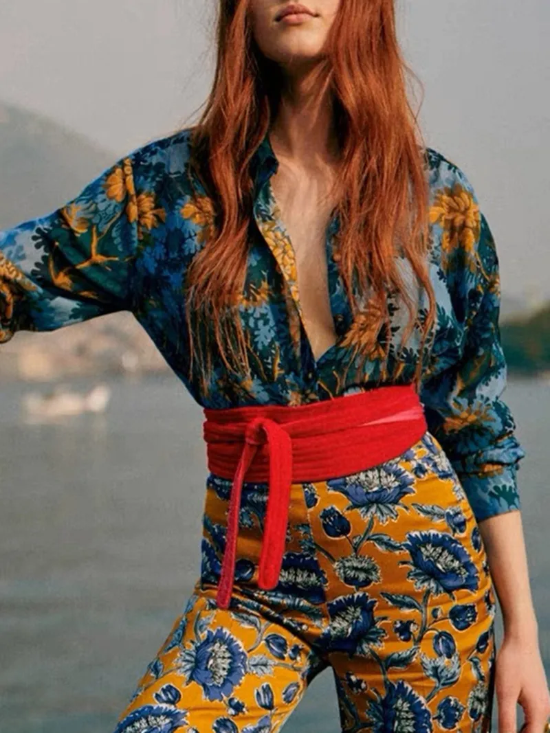 

Женская блузка с отложным воротником и одним карманом, хлопковая шелковая блузка с принтом в стиле ретро, рубашка во французском стиле, весна-лето 2023
