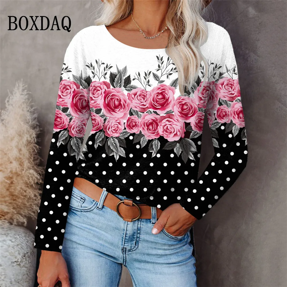 

Женская рубашка с длинным рукавом, Повседневная Блузка в горошек с 3D-принтом красных роз, весна-осень 2023