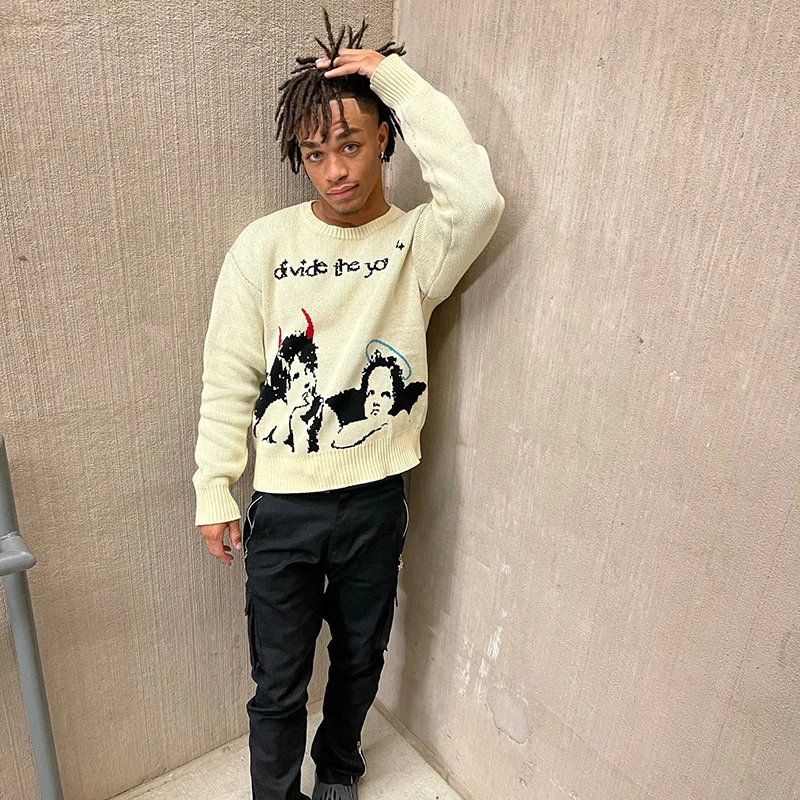 

Осень Хип-Хоп Уличная одежда вязаный черно-белый свитер пуловер свитер Харадзюку хлопок Goth Angel Millennium Женский пуловер