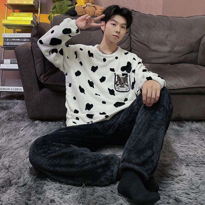 QUHENG Winter Flannel Men Cute Pajamas Thick Couple Sleepwear 2022 New Women Pajama Set Cartoon Coral Fleece Chic Home Clothing