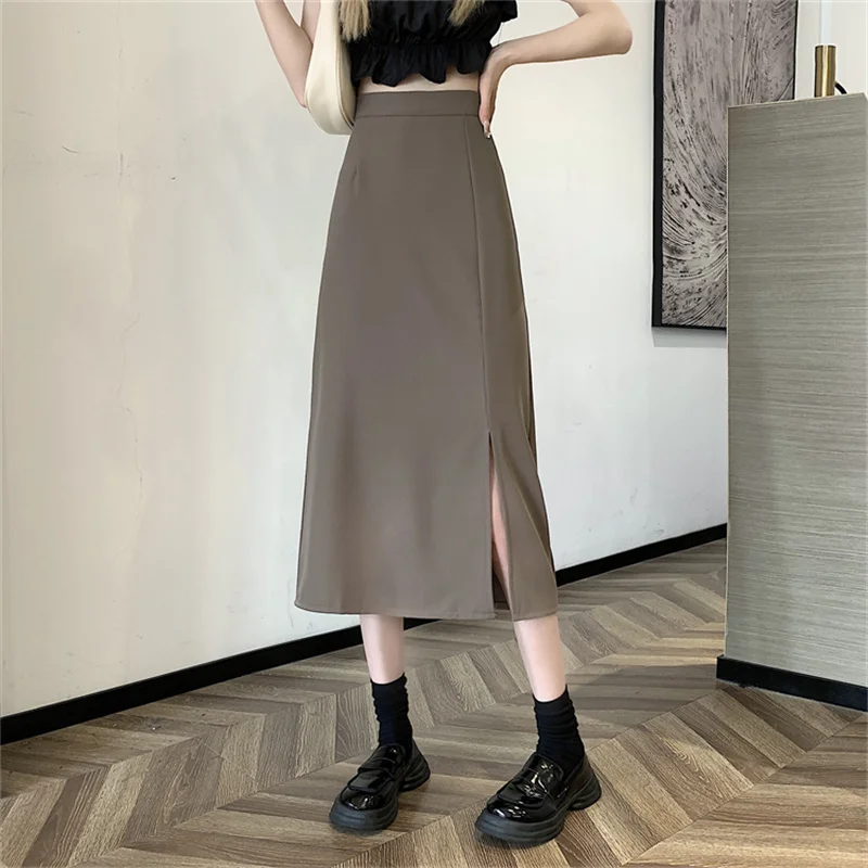 

Женская однотонная офисная Юбка-миди с разрезом, трапециевидная Юбка-миди с высокой талией, Офисная Рабочая одежда черного, цвета хаки I172