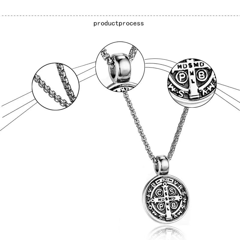 Vintage St. Benedikt Exorzismus Frauen Männer Halskette Runde Anhänger Edelstahl 24 Zoll Kette Katholischen Römischen Kreuz Dämon Halsketten – Detail 8