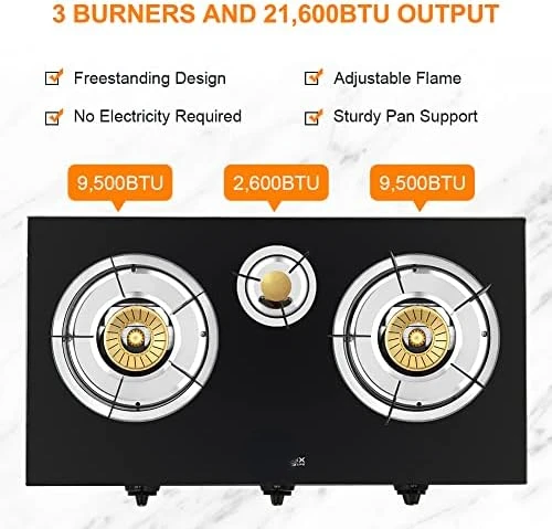 

Free shipping Propane Gas Stove with 21,600BTU, 3 Burners Propane Stove, Tempered Glass Camping Cooking Stove