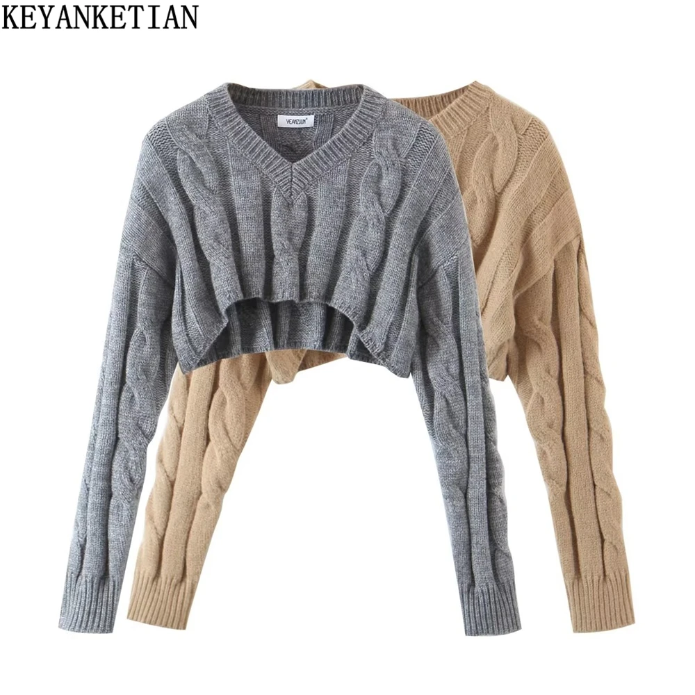 

Женский ультракороткий пуловер KEYANKETIAN с V-образным вырезом, новинка осень/зима, популярный Вязаный топ в стиле High Street с завязками на талии
