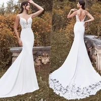 gorgeous deep v neck spaghetti strap sleeveless mermaid wedding dress 2022 backless long train with lace elegant robe de mari%c3%a9e