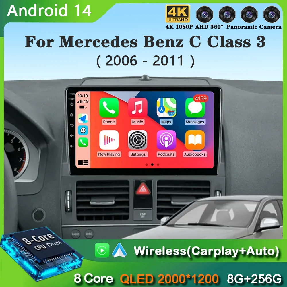 9 &quotAndroid 14 Carplay Auto для Mercedes Benz C Class 3 W204 S204 2006 2007 2008 2009-2011 Мультимедийный стереоплеер