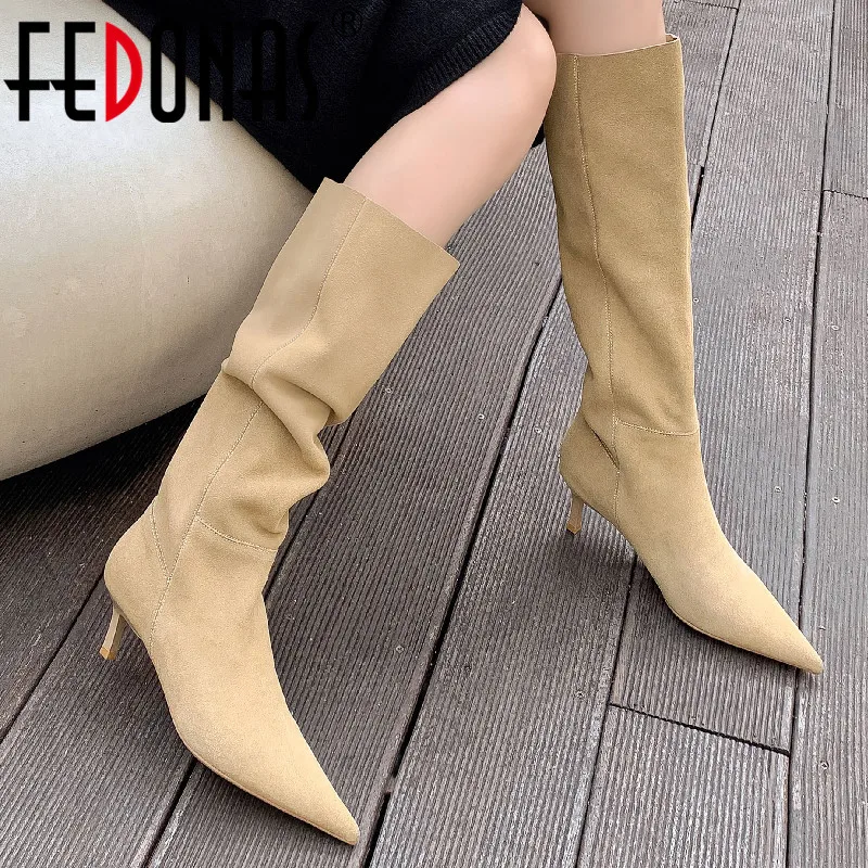 

FEDONAS New Women Knee High Boots Pointed Toe Thin High Heels Autumn Winter Concise Fashion Cow Suede Leather Party Shoes Woman