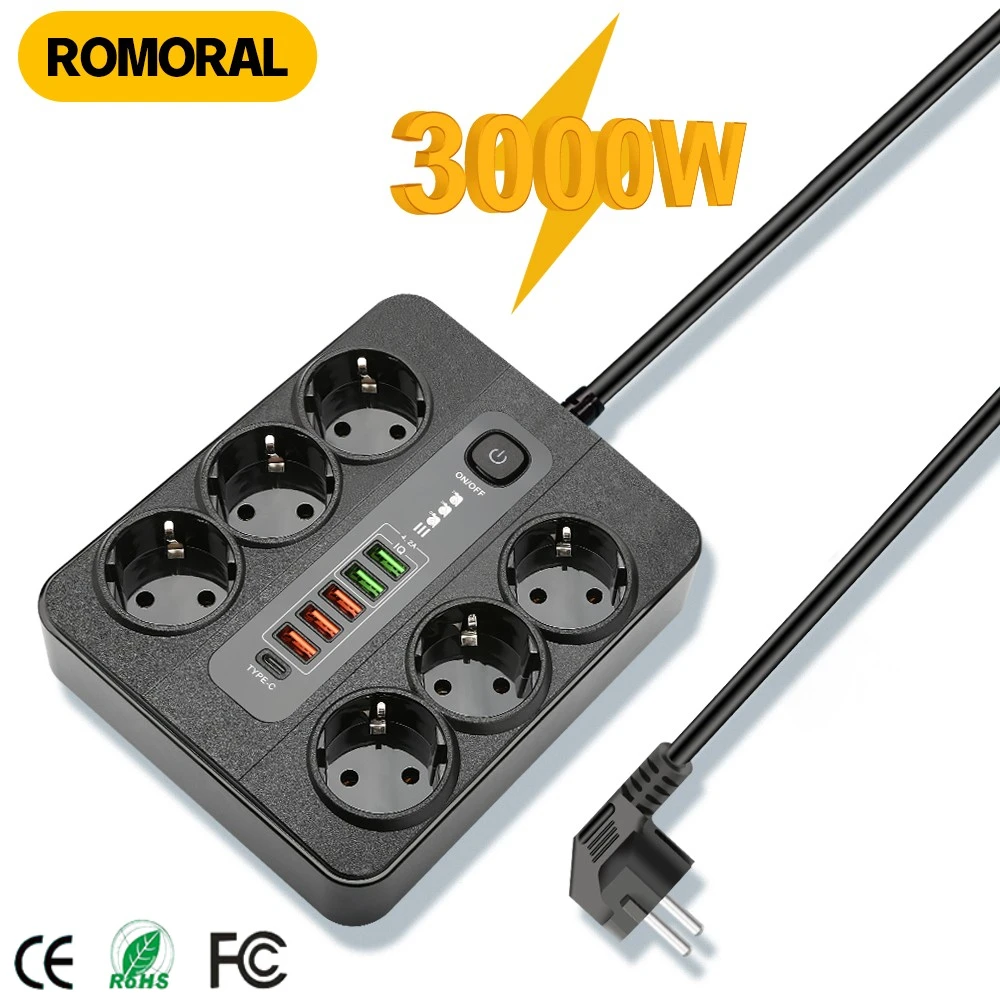 

Удлинитель электрический с 5 USB-портами, 3000 Вт, 6 розеток переменного тока