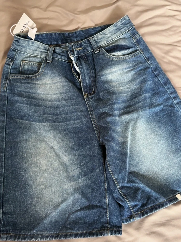 Джинсовые шорты с высокой талией для женщин мешковатые до колена синие свободные