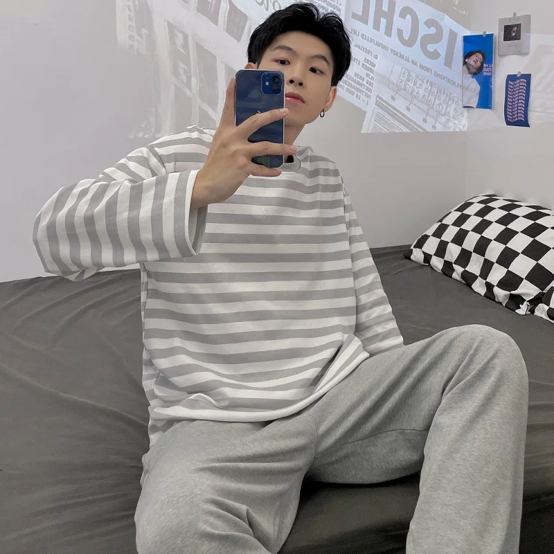 QUHENG  Men's Pajamas 2022 Autumn Winter Cotton Long Sleeved Trousers Sleepwear Sets 2 Pieces Simple Casual Nightgown Lounge
