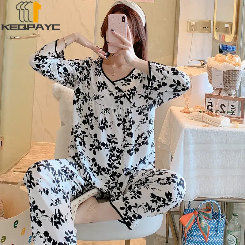 Women's Pajamas New 2023 Spring Autumn Long Sleeve Thin Sleepwear Pyjamas Women Plaid Floral Casual Nightwear Clothing Sets