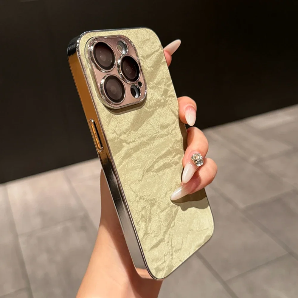 Кожаный чехол Ripple Plating для iPhone 16 13 14 11 12 15 Pro Max Plus защитный объектива камеры жесткий