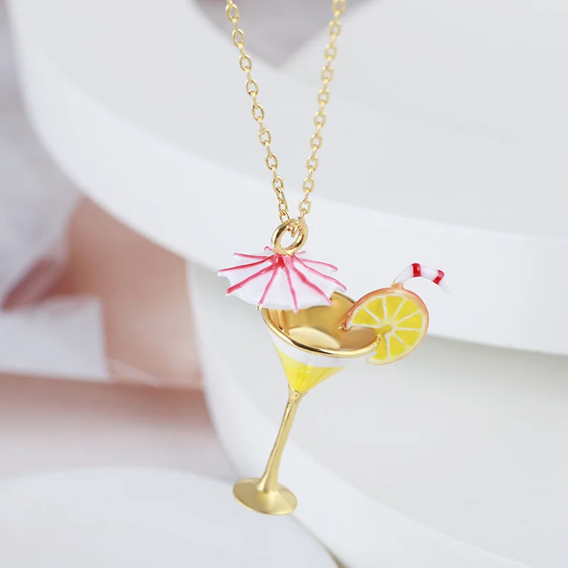 

European and American Jewelry Fashion Personality Enamel Color Glaze Fun Cute Cocktail Glass Holiday Style Lemon Drink Necklace