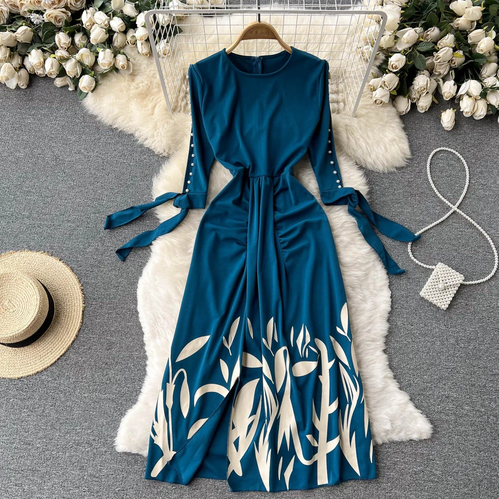 

Sense of Design New Fashion Trend Printing Temperament in Spring and Autumn 2022 Women's Waist Off Shoulder Dress