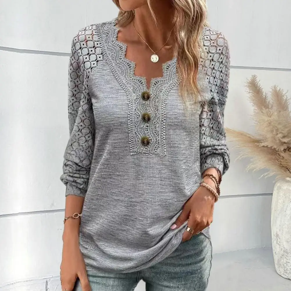 

Women V-neck Top Chic Lace V-neck Women's T-shirt Stylish Hollow Out Design Soft Breathable for Spring Autumn Fashion Lace Women