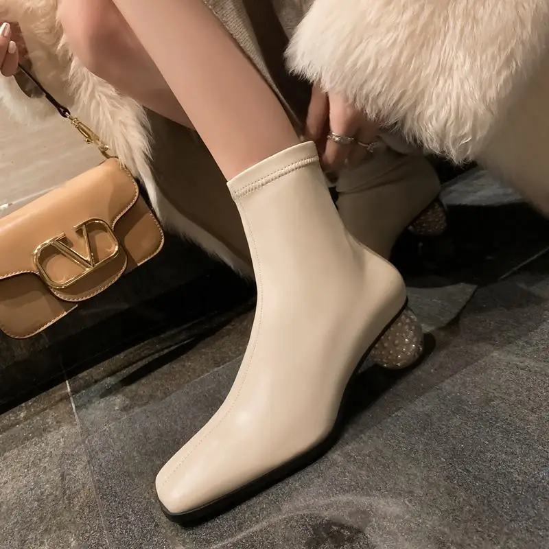 

Size 34-42 Square Toe Elastic Material Women Boots Autumn Winter Fashion Important Occasions Party Wedding Shoes Ankle Boots