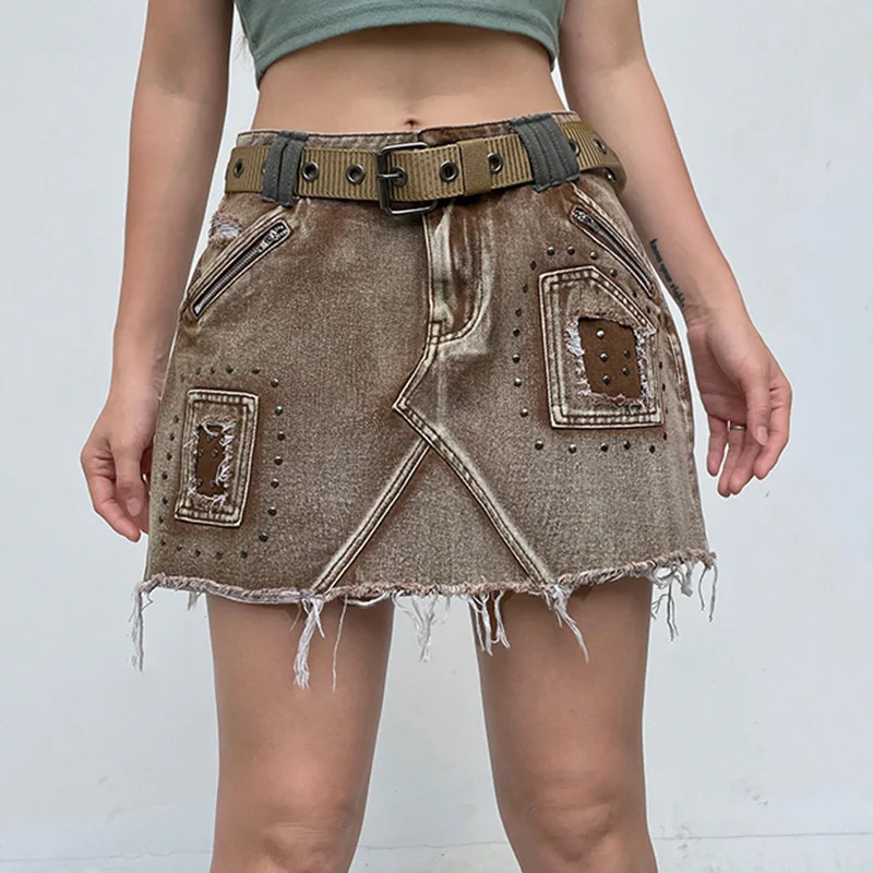 

Ассиметричная дизайнерская Короткая юбка для женщин с винтажной джинсовой юбкой в стиле ретро панк