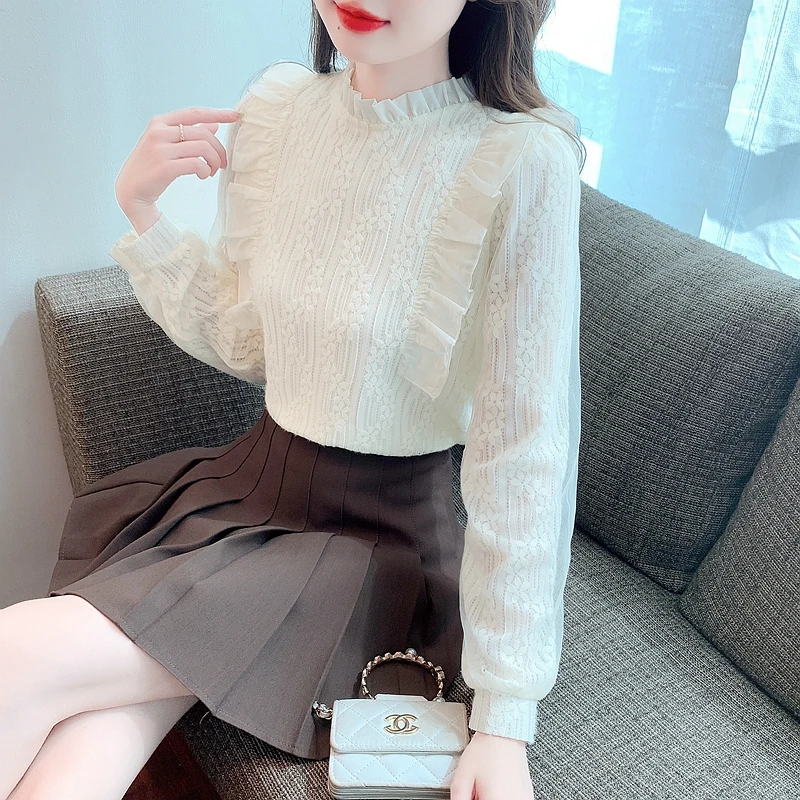 Новая женская рубашка с длинным рукавом и рюшами кружевная бархатная утепленная