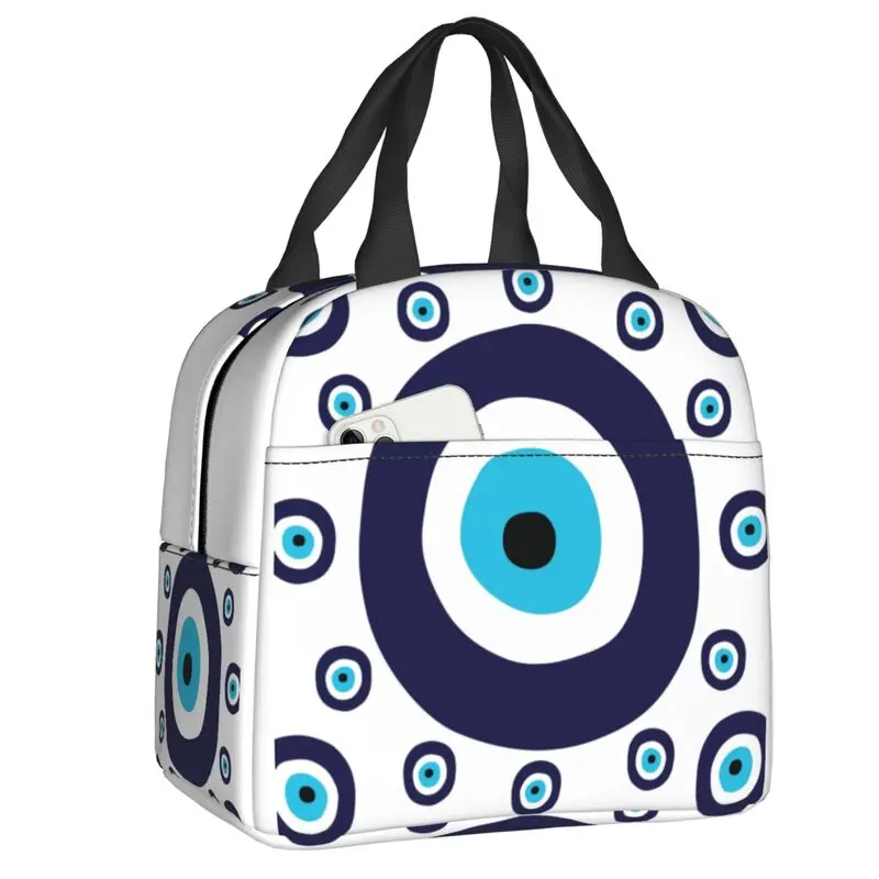 

Navy Blue And Aqua Nazar Evil Eye Lucky Charm Insulated Lunch Bag Amulet Boho Cooler Thermal Lunch Tote Office Picnic Travel