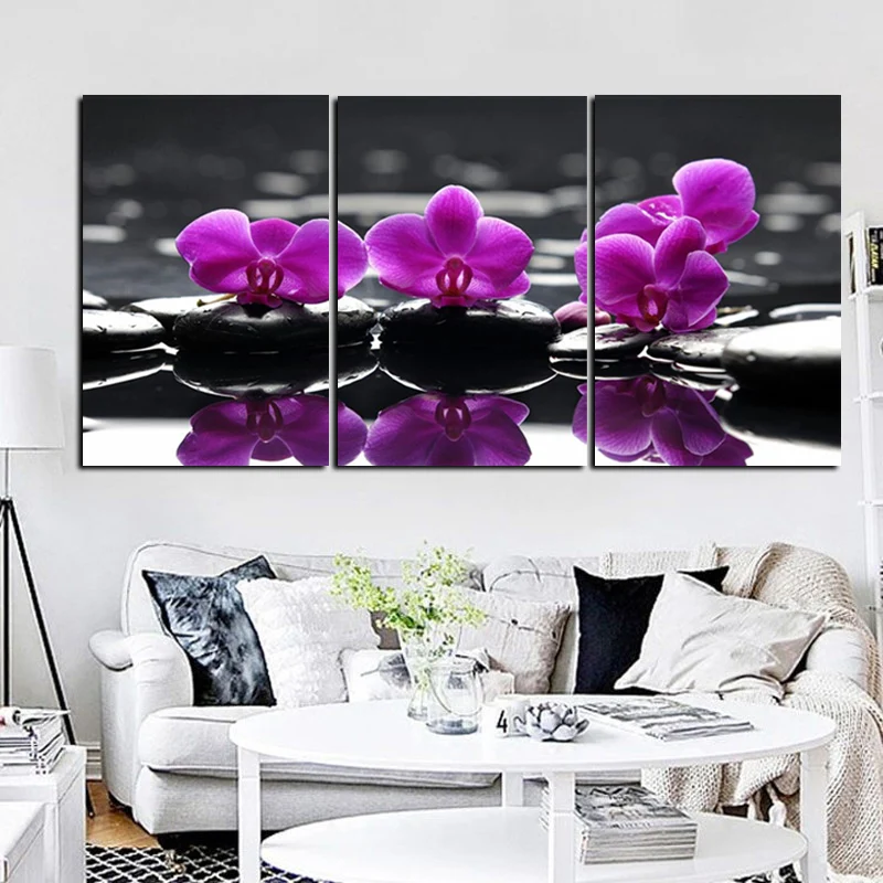 

3 Панели HD Печать дзен камни фиолетовая бабочка Орхидея Картина на холсте Живопись Модульная картина художественный постер для гостиной