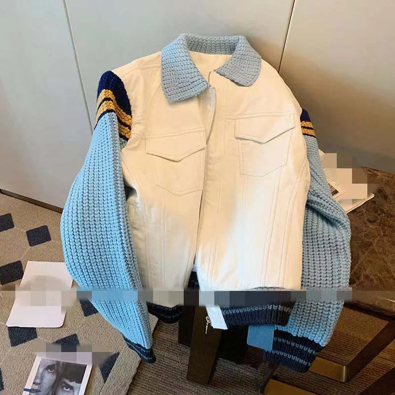Sweater Paneled Denim Jacket Unisex Lapel Jacket Vintage Design Sense Baseball Uniform Fall 2022 New Top